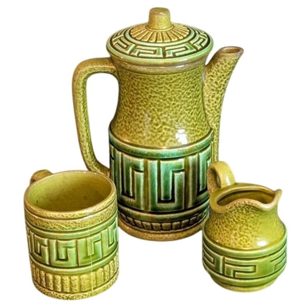 Vintage Royal Sealy Japanese Olive Green Tea Pot Creamer & Mug Set